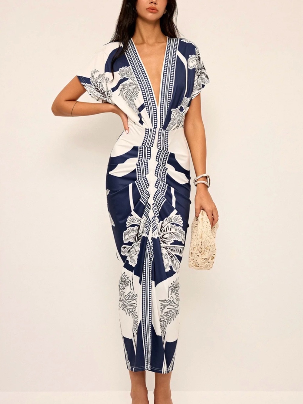 Printed Deep V-Neck Midi Dress Without Belt